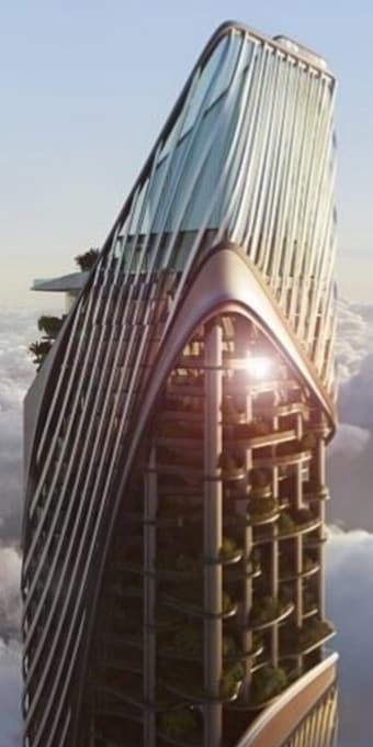 Close-up of the tower's crown in the artist's impression, showing curved vertical fins over a sloping glass top and a recessed lattice facade planted with greenery