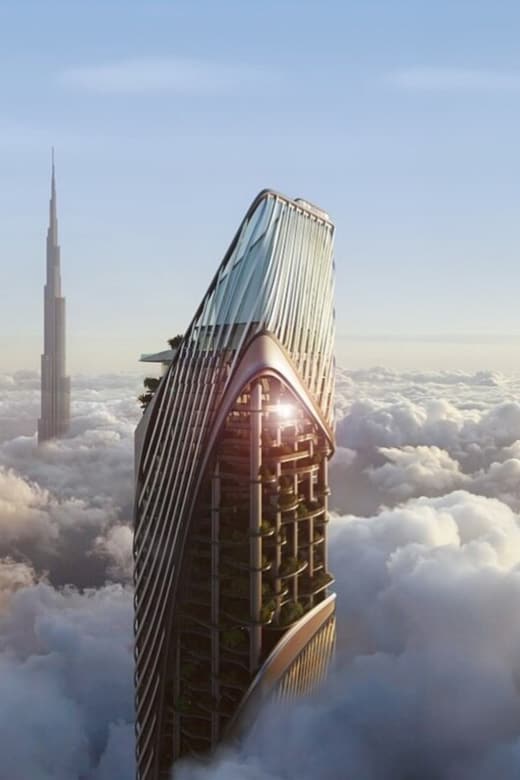 Artist's impression of Christian A. Rockefeller Tower in Business Bay: a slender tower with sweeping vertical fins and a planted facade, rising above the clouds with Burj Khalifa in the distance